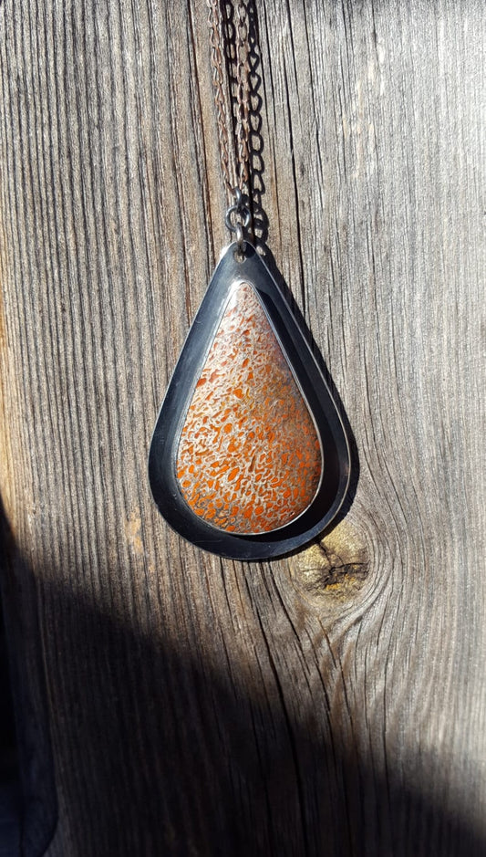 Orange Fossilized Dinosaur Bone Pendant - Teardrop Gemstone - Sterling Silver
