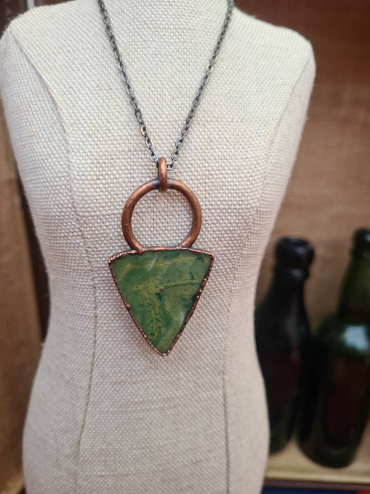 Green Moss Agate - Triangle Gemstone - Copper Electroformed