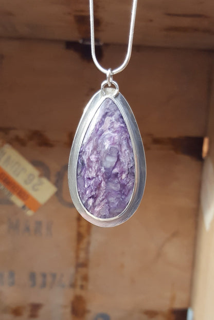 Pendentif en charoïte violette - Pierre précieuse ovale - Argent sterling