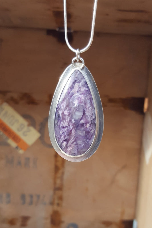 Purple Charoite Pendant - Oval Gemstone - Sterling Silver