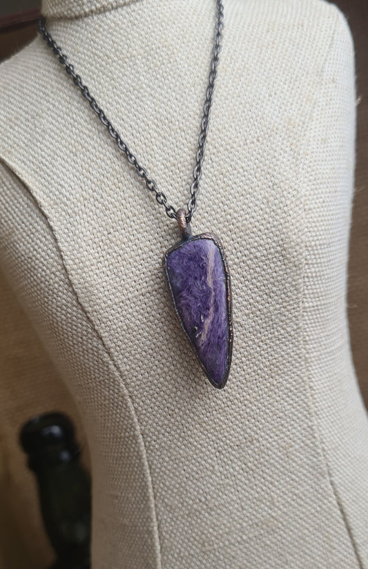 Purple Charoite Pendant - Triangle Gemstone - Copper Electroformed