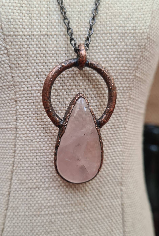 Rose Quartz Pendant - Teardrop Gemstone - Copper Electroformed