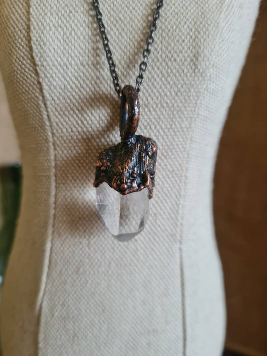 Clear Quartz Pendant - Crystal Gemstone - Copper Electroformed