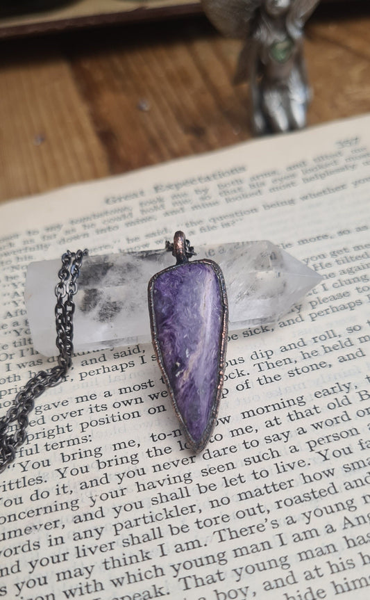 Purple Charoite Pendant - Triangle Gemstone - Copper Electroformed
