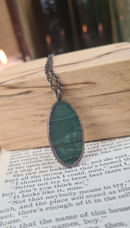 Cabochon de jaspe vert - Pierre précieuse ovale - Cuivre électroformé