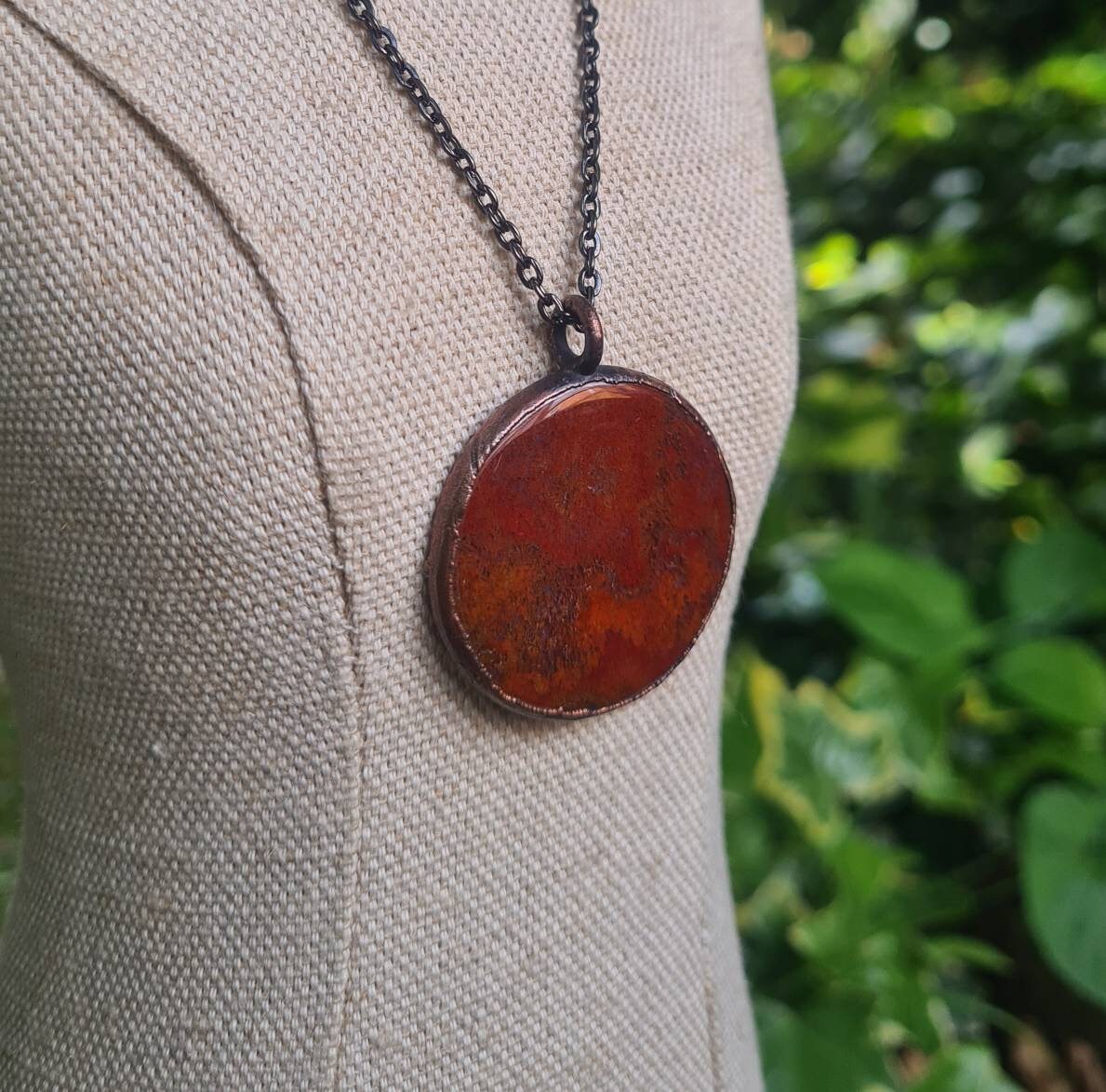 Red Moss Agate Pendant - Round Gemstone - Copper Electroformed