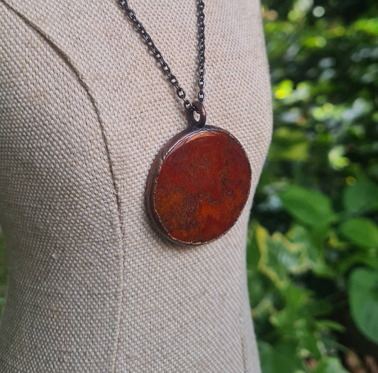 Red Moss Agate Pendant - Round Gemstone - Copper Electroformed