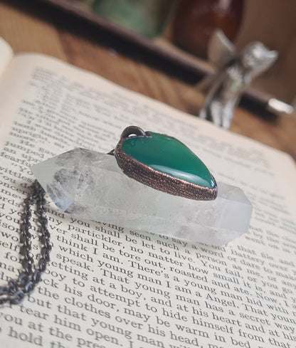Green Onyx Pendant - Heart Gemstone - Copper Electroformed