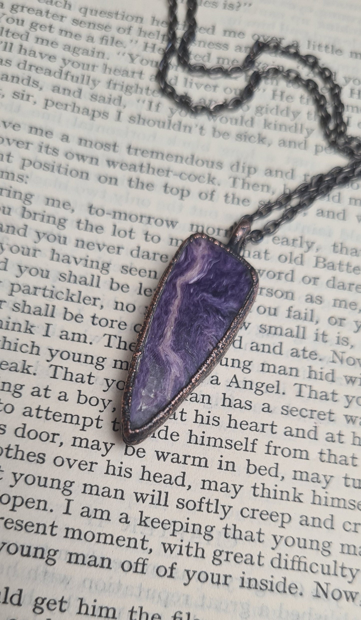 Purple Charoite Pendant - Triangle Gemstone - Copper Electroformed