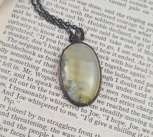 Yellow Prehnite Cabochon - Oval Gemstone - Copper Electroformed