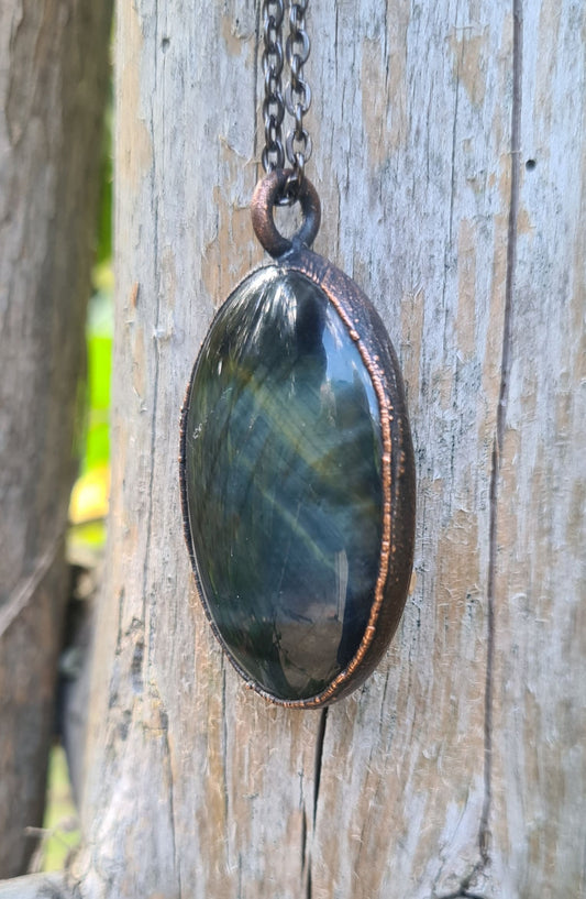 Blue Tigers Eye Pendant - Oval Gemstone - Copper Electroformed