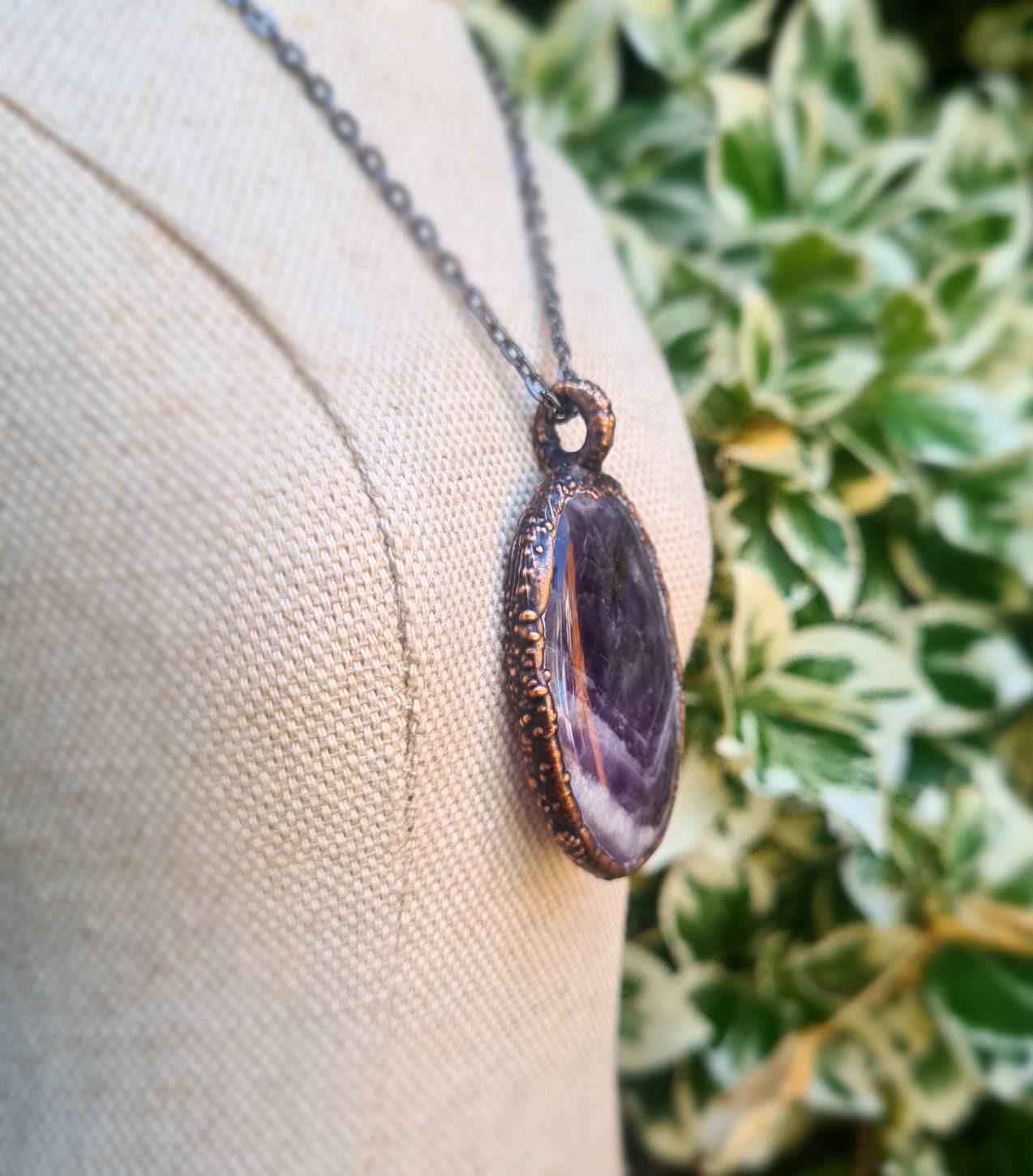 Chevron Amethyst Pendant - Oval Gemstone - Copper Electroformed