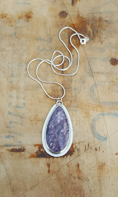 Pendentif en charoïte violette - Pierre précieuse ovale - Argent sterling