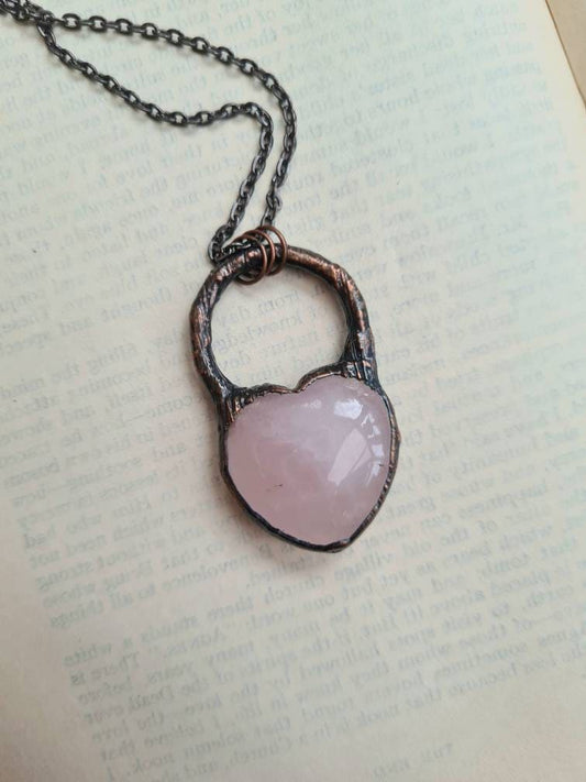 Rose Quartz Pendant - Heart Gemstone - Copper Electroformed
