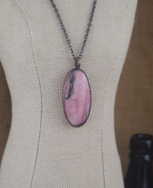 Pink Rhodonite Pendant - Oval Gemstone - Copper Electroformed