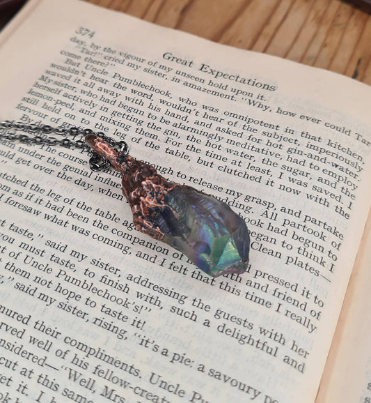 Titanium Coated Quartz Pendant - Crystal Gemstone - Copper Electroformed