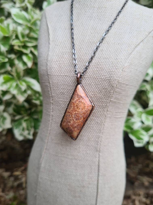 Fossilised Coral Pendant - Freeform Gemstone - Copper Electroformed