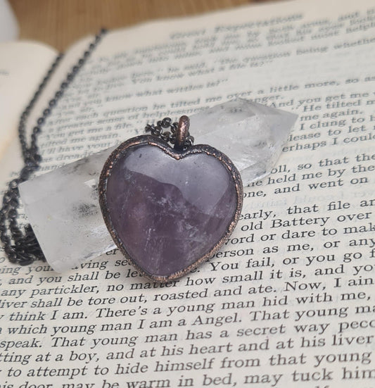 Purple Amethyst Pendant - Heart Gemstone - Copper Electroformed