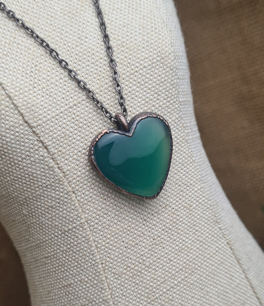 Green Onyx Pendant - Heart Gemstone - Copper Electroformed