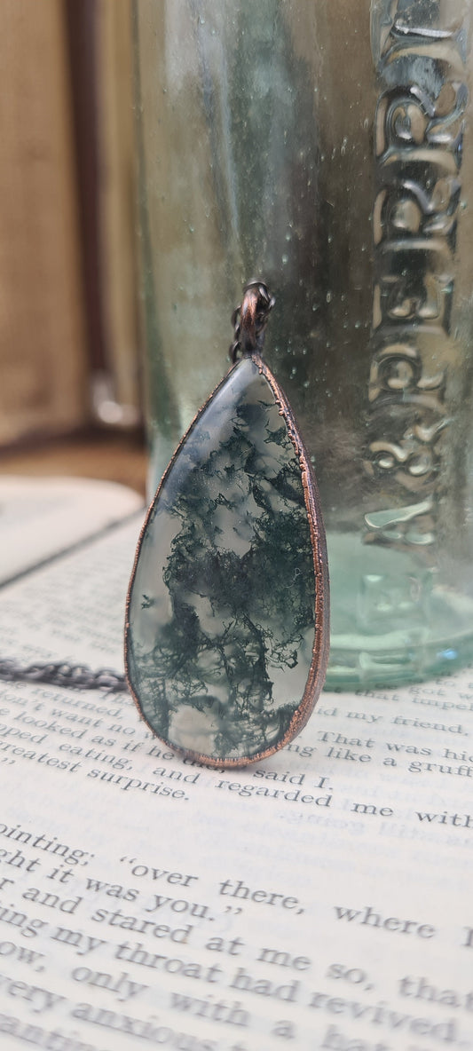 Green Moss Agate Pendant - Teardrop Gemstone - Copper Electroformed
