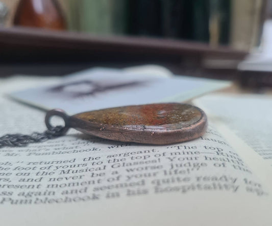 Yellow Moss Agate Pendant - Teardrop Gemstone - Copper Electroformed