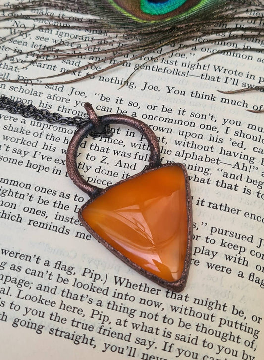 Orange Carnelian Pendant - Triangle Gemstone - Copper Electroformed