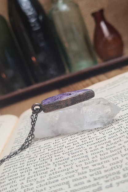 Purple Charoite Pendant - Triangle Gemstone - Copper Electroformed