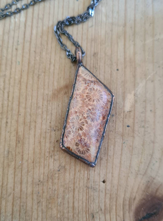 Fossilised Coral Pendant - Freeform Gemstone - Copper Electroformed