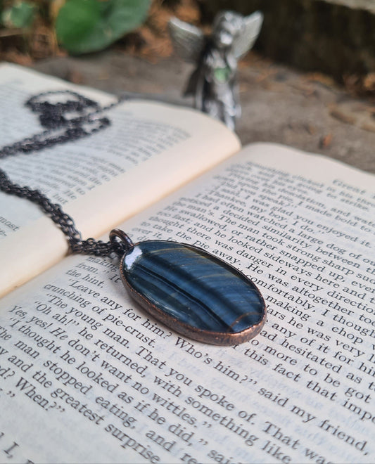 Blue Tigers Eye Cabochon - Oval Gemstone - Copper Electroformed