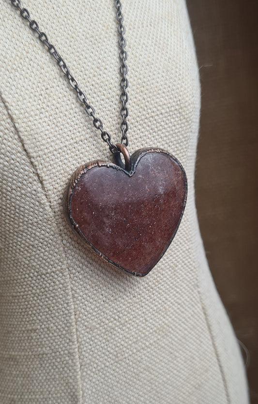 Strawberry Quartz Pendant - Heart Gemstone - Copper Electroformed