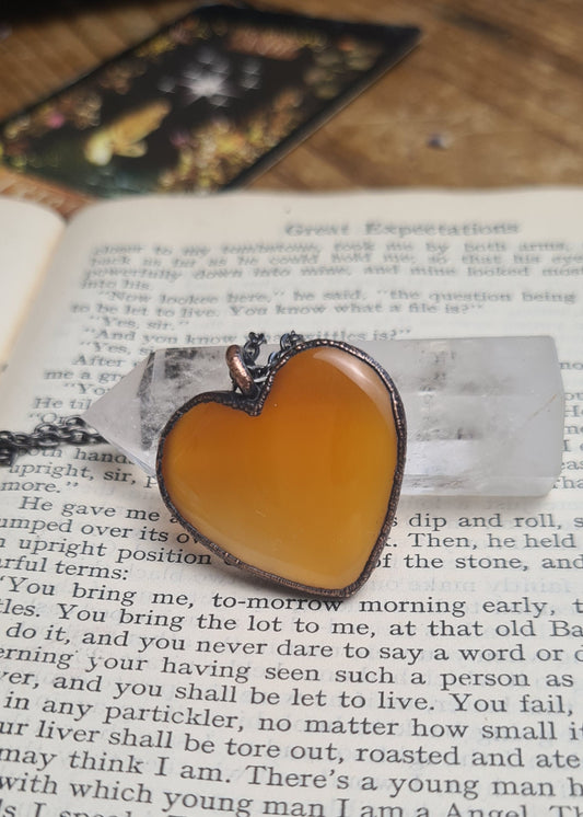 Orange Carnelian Pendant - Heart Gemstone - Copper Electroformed