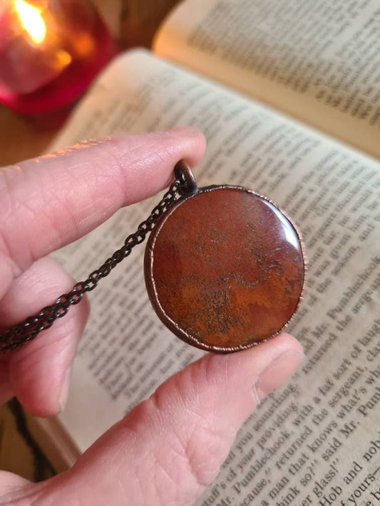 Red Moss Agate Pendant - Round Gemstone - Copper Electroformed
