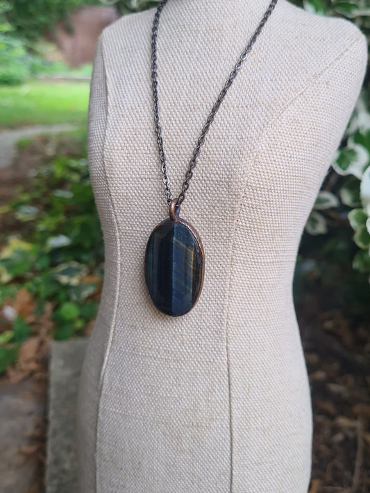 Blue Tigers Eye Cabochon - Oval Gemstone - Copper Electroformed