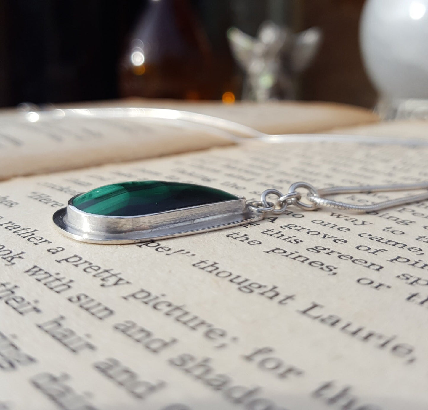 Green Malachite Pendant - Teardrop Gemstone - Sterling Silver