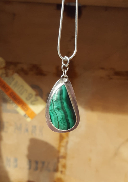 Green Malachite Pendant - Teardrop Gemstone - Sterling Silver