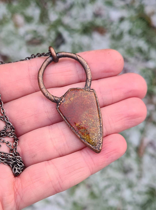 Yellow Moss Agate Pendant - Freeform Gemstone - Copper Electroformed