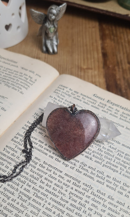 Strawberry Quartz Pendant - Heart Gemstone - Copper Electroformed