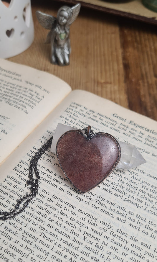 Strawberry Quartz Pendant - Heart Gemstone - Copper Electroformed