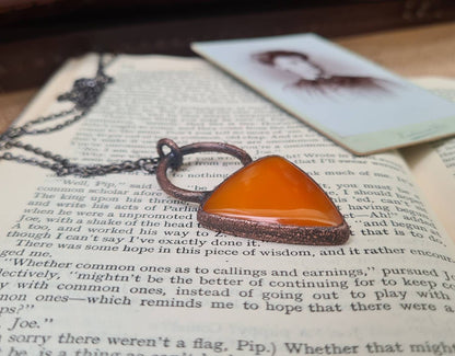 Orange Carnelian Pendant - Triangle Gemstone - Copper Electroformed