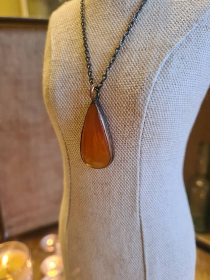 Orange Carnelian Pendant - Teardrop Gemstone - Copper Electroformed