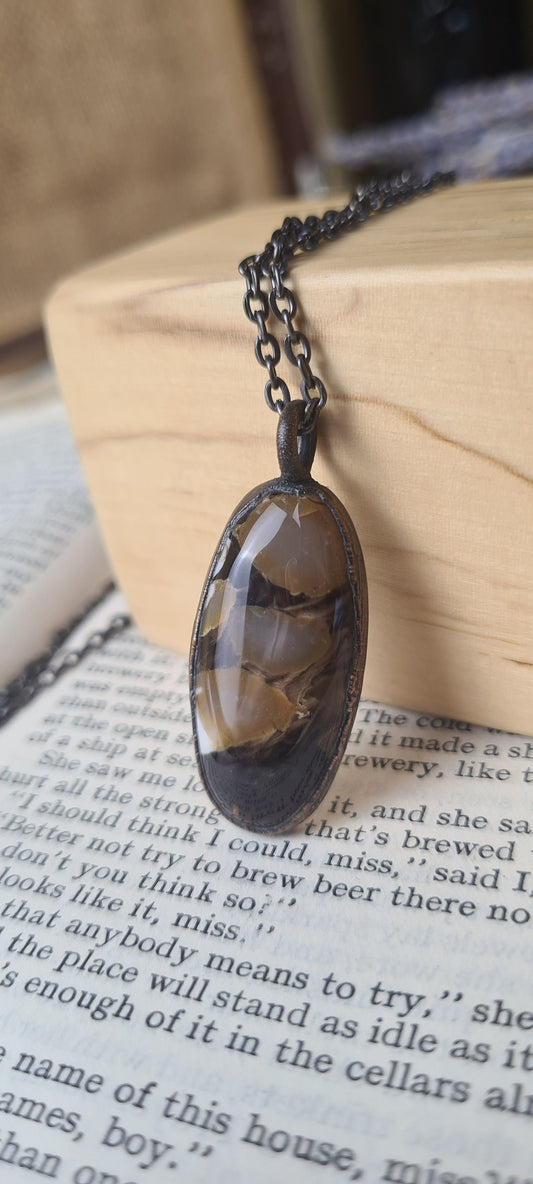 Brown Peanut Wood Pendant - Oval Gemstone - Copper Electroformed