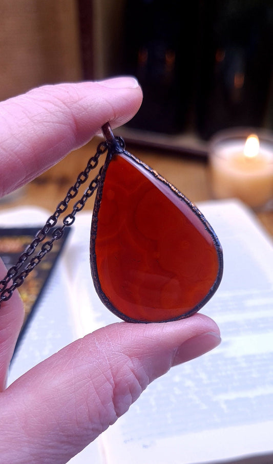 Red Carnelian Cabochon - Teardrop Gemstone - Copper Electroformed