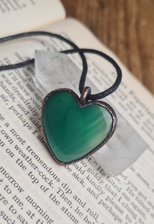 Green Onyx Pendant - Heart Gemstone - Copper Electroformed