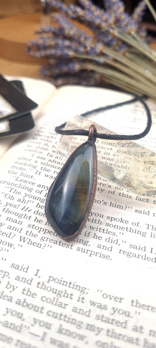 Blue Tigers Eye Cabochon - Freeform Gemstone - Copper Electroformed