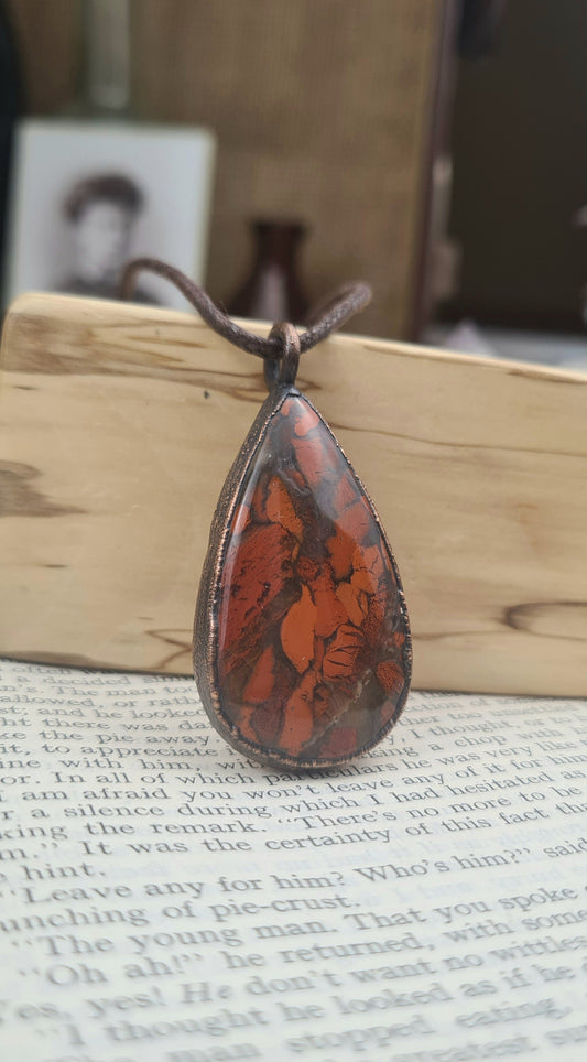 Brecciated Red Jasper Pendant - Teardrop Gemstone - Copper Electroformed