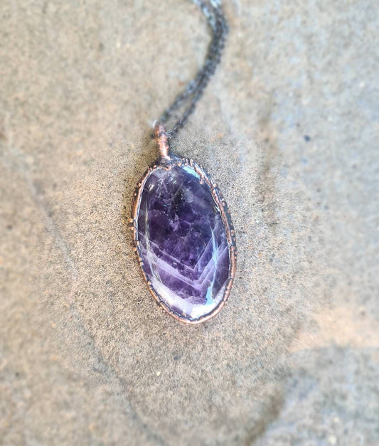 Chevron Amethyst Pendant - Oval Gemstone - Copper Electroformed