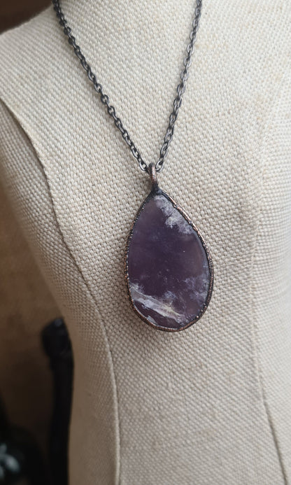 Purple Chalcedony Pendant - Teardrop Gemstone - Copper Electroformed