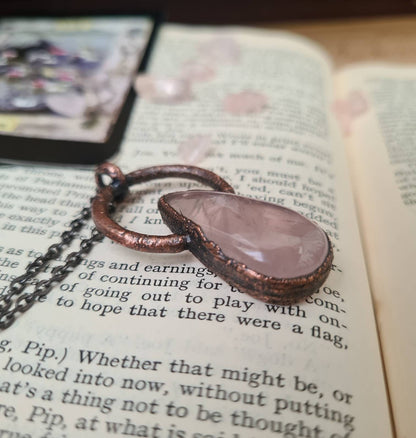 Rose Quartz Pendant - Teardrop Gemstone - Copper Electroformed