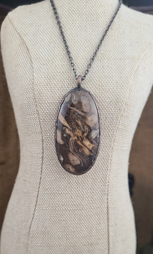 Brown Fossil Chalcedony Pendant - Oval Gemstone - Copper Electroformed