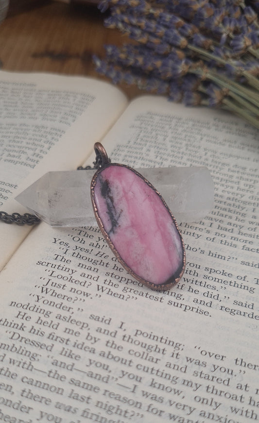 Pink Rhodonite Pendant - Oval Gemstone - Copper Electroformed